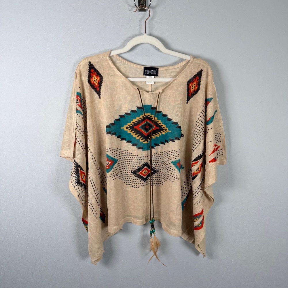 Step In Style Southwestern Poncho Top One Size Tan Aztec Print Feather Tassel